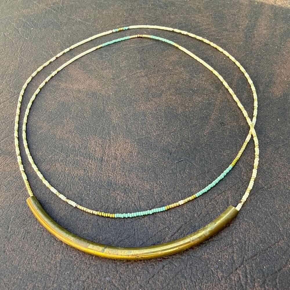 Artisan Versatile Long Wrap Beaded Necklace Layer Choker Brass Tube Turquoise